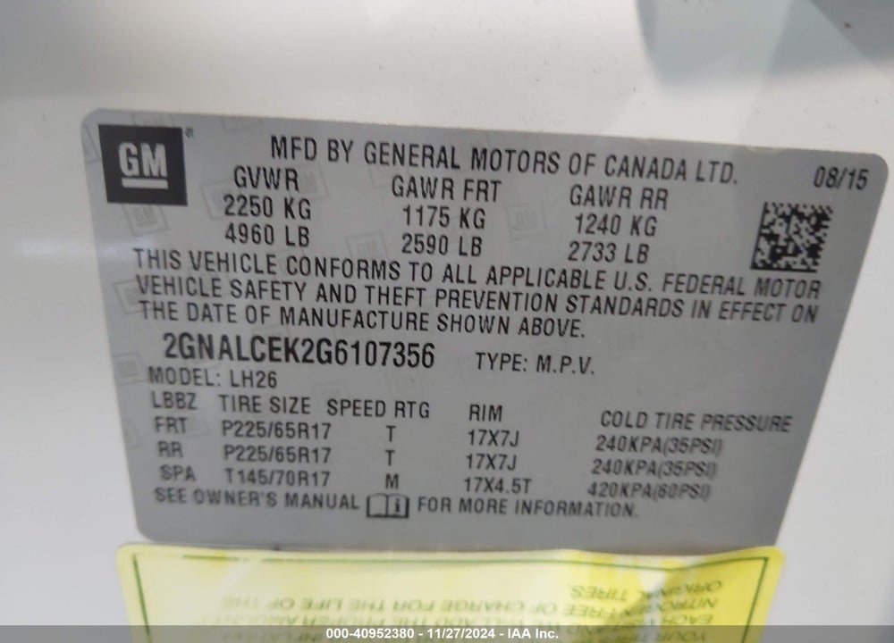 2016 CHEVROLET EQUINOX LT VIN: 2GNALCEK2G6107356