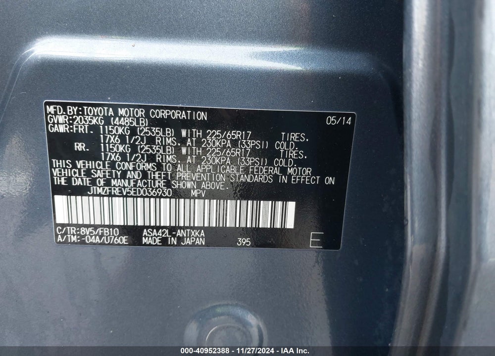 2014 TOYOTA RAV4 VIN: JTMZFREV5ED036930