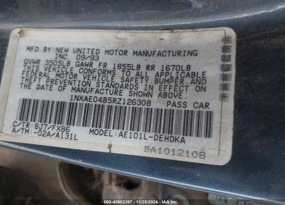 1994 TOYOTA COROLLA VIN: 1NXAE04B5RZ126308