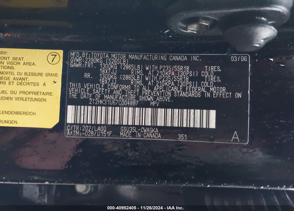 2007 LEXUS RX 350 VIN: 2T2HK31U67C004887