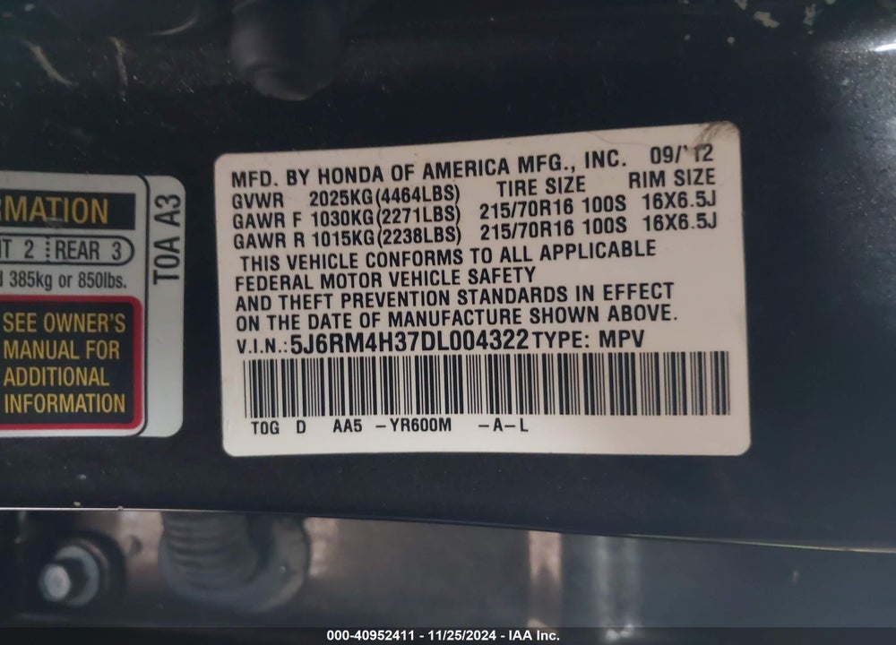 2013 HONDA CR-V LX VIN: 5J6RM4H37DL004322