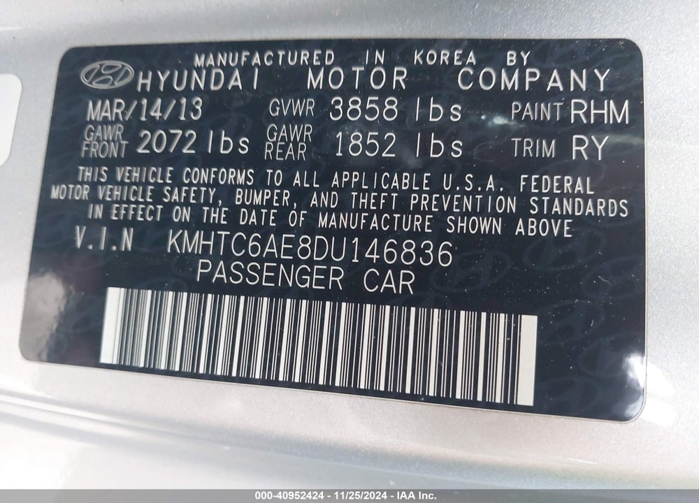 2013 HYUNDAI VELOSTER VIN: KMHTC6AE8DU146836