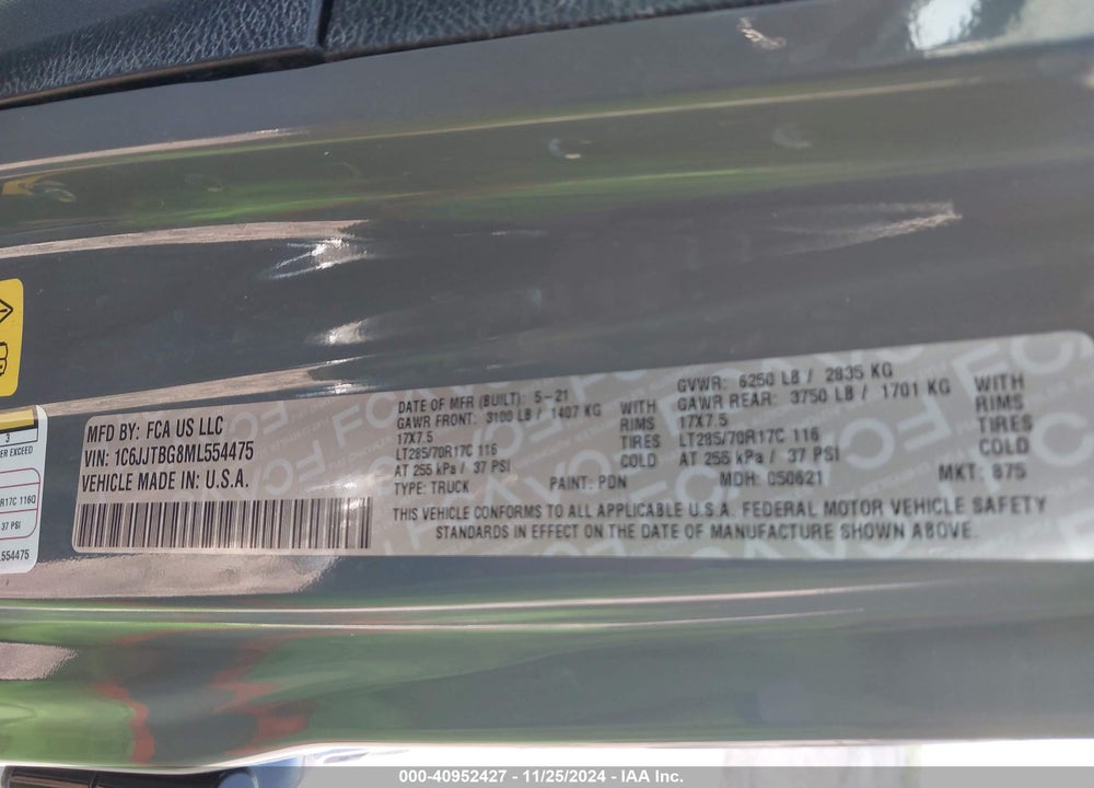 2021 JEEP GLADIATOR VIN: 1C6JJTBG8ML554475