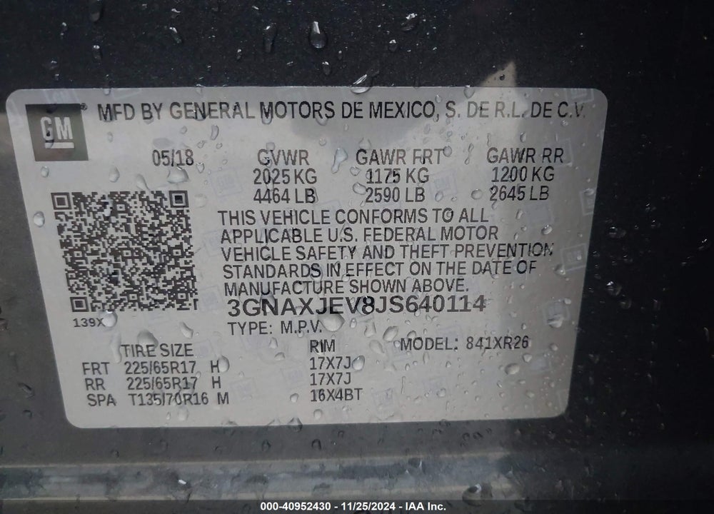 2018 CHEVROLET EQUINOX LT VIN: 3GNAXJEV8JS640114