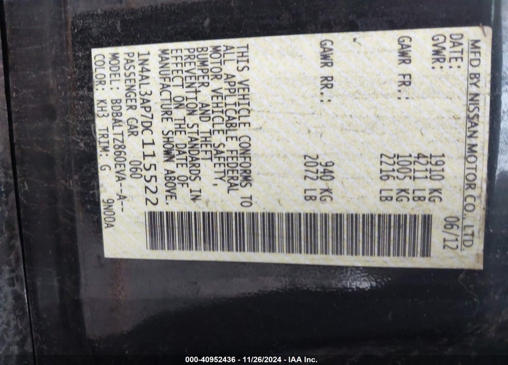 2013 NISSAN ALTIMA VIN: 1N4AL3AP7DC115522