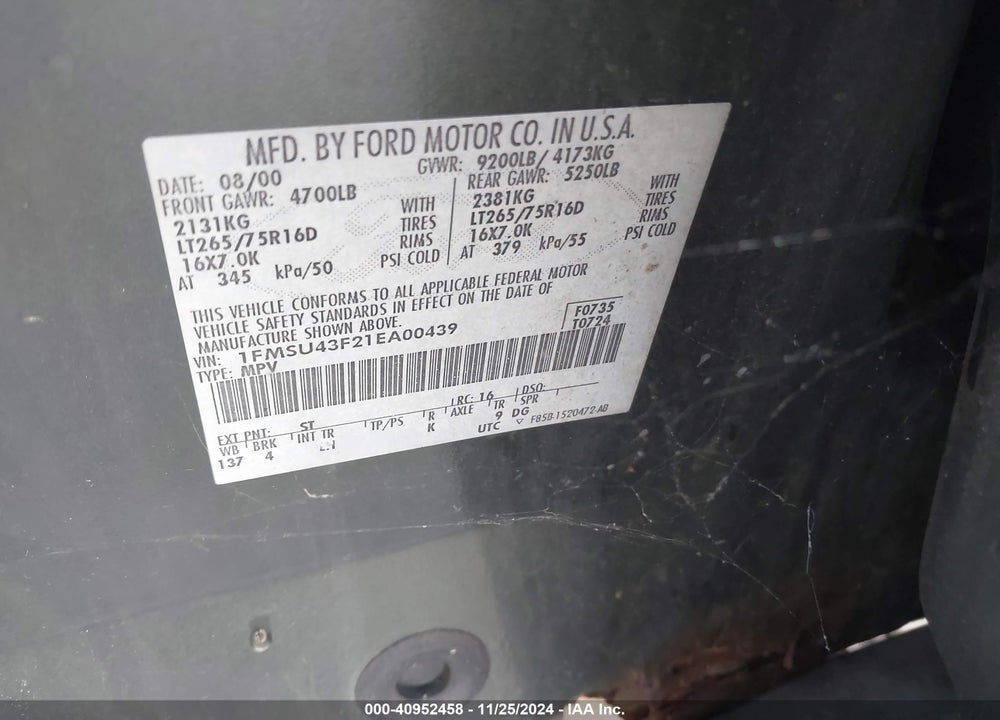 2001 FORD EXCURSION LIMITED VIN: 1FMSU43F21EA00439