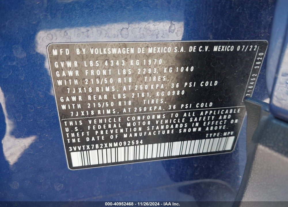 2022 VOLKSWAGEN TAOS 1.5T SE VIN: 3VVTX7B2XNM092594