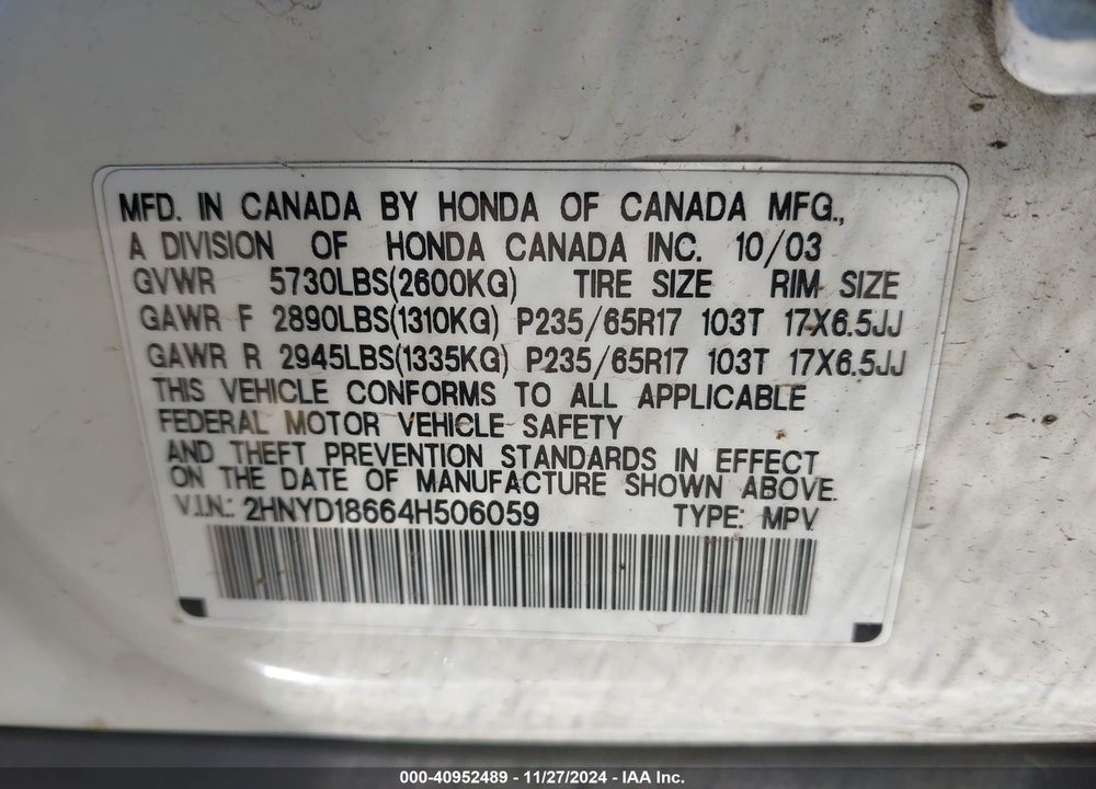 2004 ACURA MDX VIN: 2HNYD18664H506059