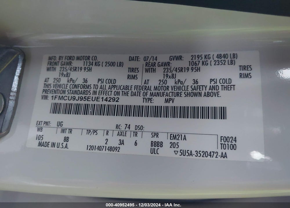 2014 FORD ESCAPE TITANIUM VIN: 1FMCU9J95EUE14292