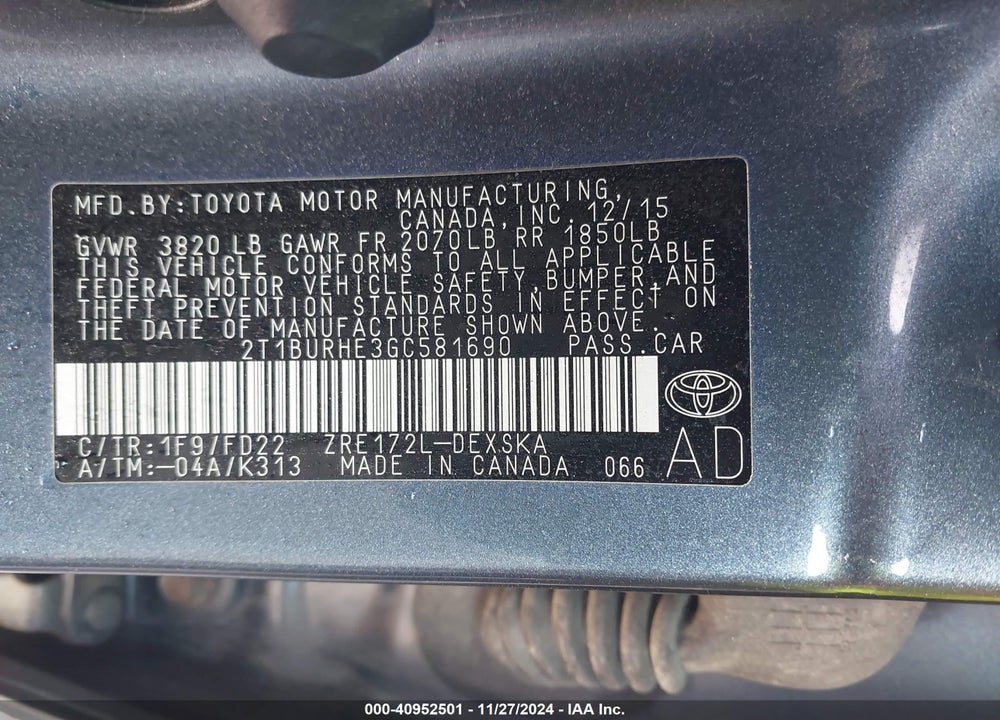 2016 TOYOTA COROLLA VIN: 2T1BURHE3GC581690