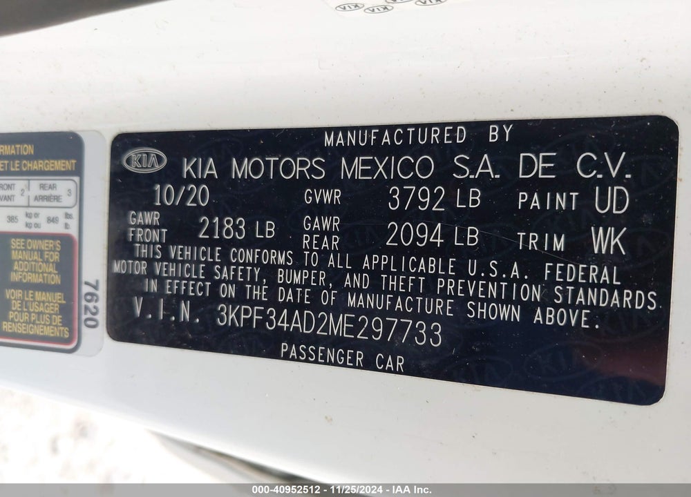 2021 KIA FORTE VIN: 3KPF34AD2ME297733