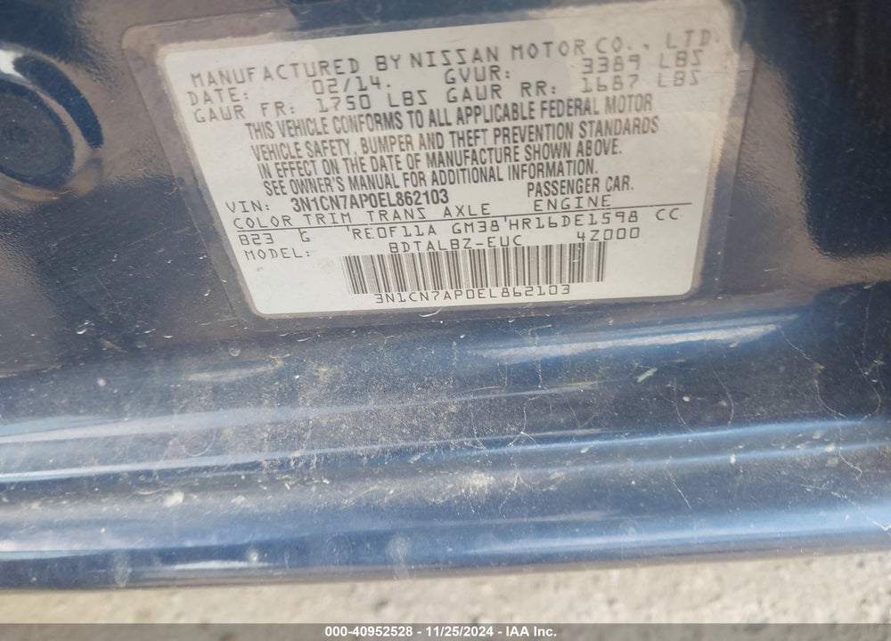 2014 NISSAN VERSA 1.6 S/1.6 S+/1.6 SL/1.6 SV VIN: 3N1CN7AP0EL862103