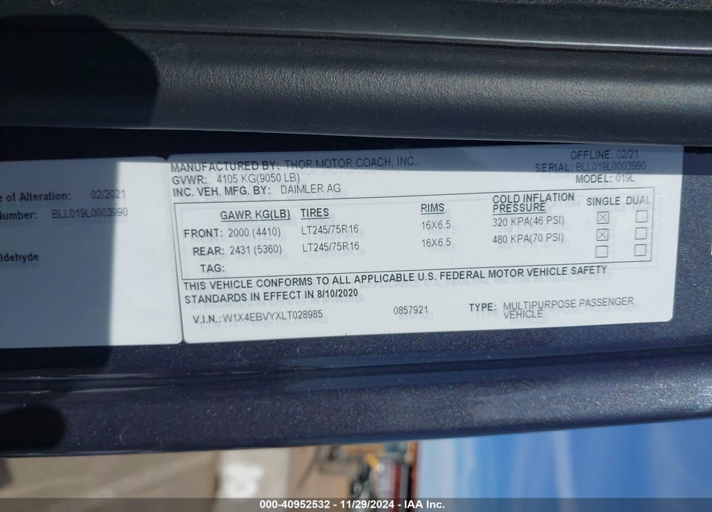 2020 MERCEDES-BENZ SPRINTER 2500 STANDARD ROOF V6 VIN: W1X4EBVYXLT028985