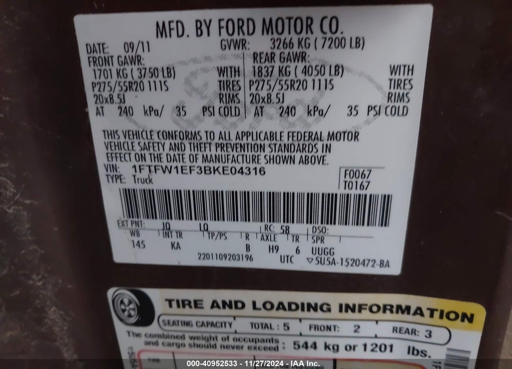 2011 FORD F-150 KING RANCH VIN: 1FTFW1EF3BKE04316