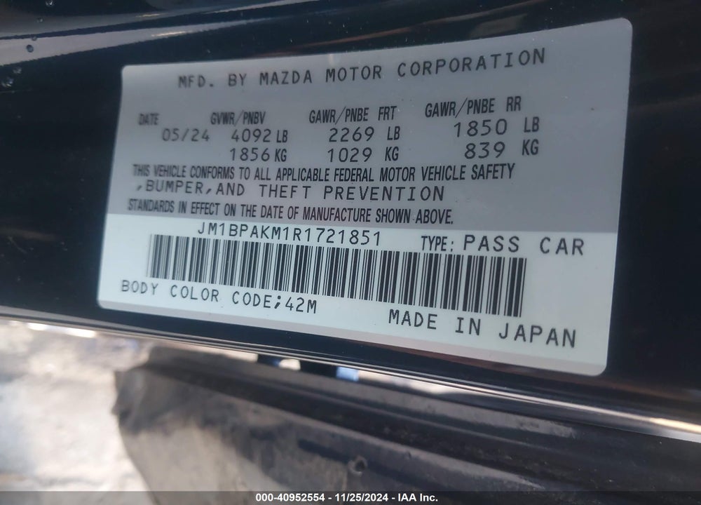 2024 MAZDA 3 2.5 S SELECT SPORT VIN: JM1BPAKM1R1721851