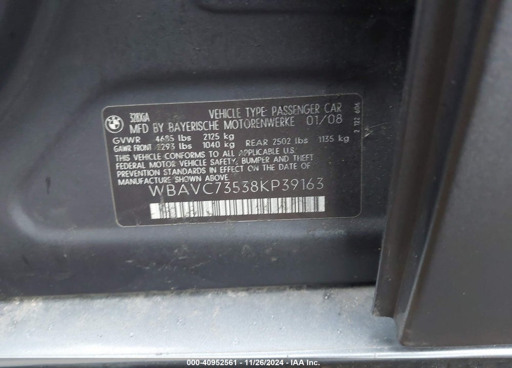 2008 BMW 328XI VIN: WBAVC73538KP39163