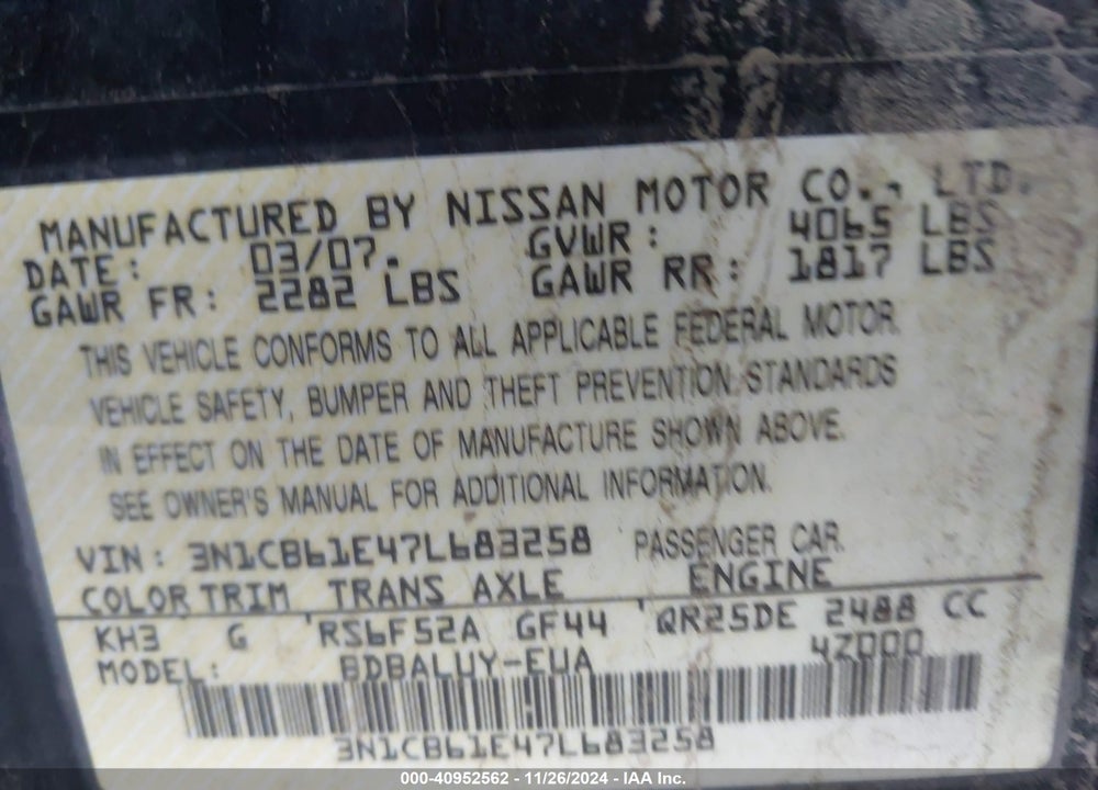 2007 NISSAN SENTRA SE-R SPEC V VIN: 3N1CB61E47L683258