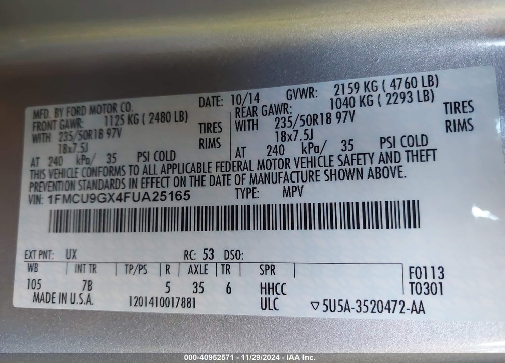2015 FORD ESCAPE SE VIN: 1FMCU9GX4FUA25165