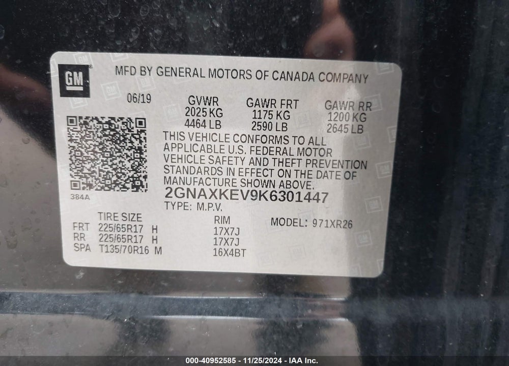2019 CHEVROLET EQUINOX LT VIN: 2GNAXKEV9K6301447