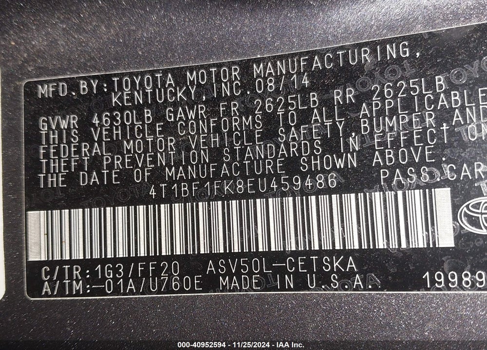 2014 TOYOTA CAMRY SE VIN: 4T1BF1FK8EU459486