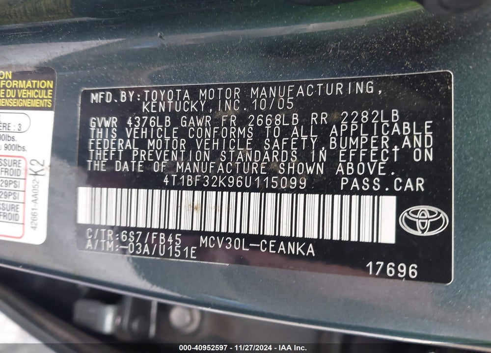 2006 TOYOTA CAMRY LE V6 VIN: 4T1BF32K96U115099