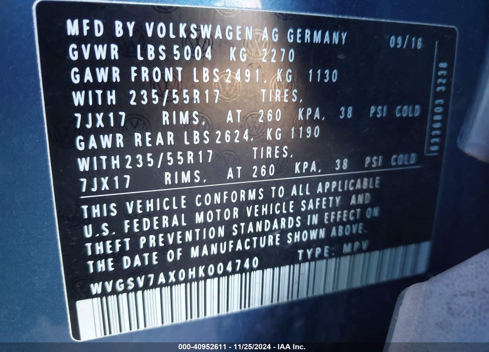 2017 VOLKSWAGEN TIGUAN 2.0T WOLFSBURG EDITION VIN: WVGSV7AX0HK004740