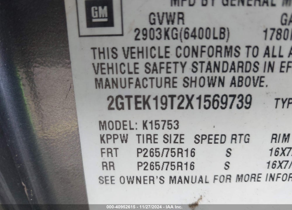 1999 GMC SIERRA 1500 SLE VIN: 2GTEK19T2X1569739