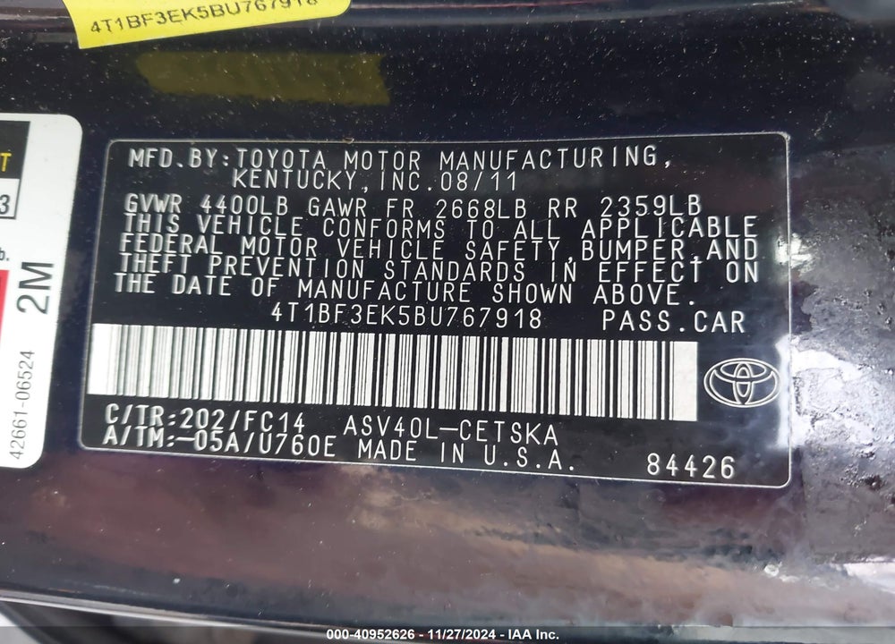 2011 TOYOTA CAMRY SE VIN: 4T1BF3EK5BU767918