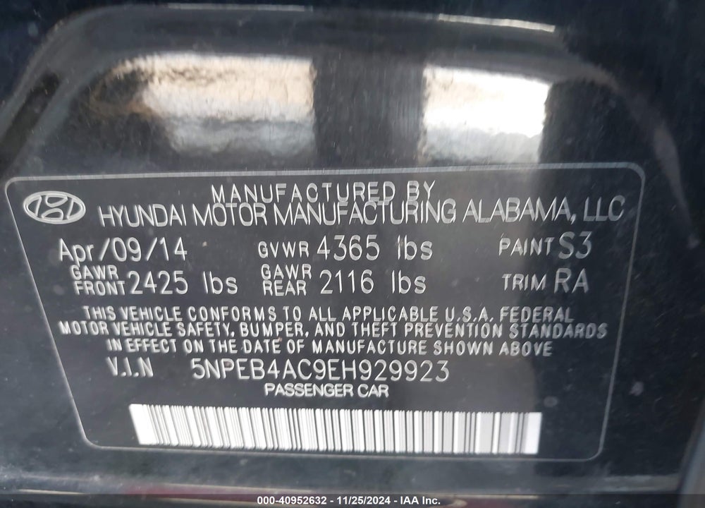2014 HYUNDAI SONATA GLS VIN: 5NPEB4AC9EH929923