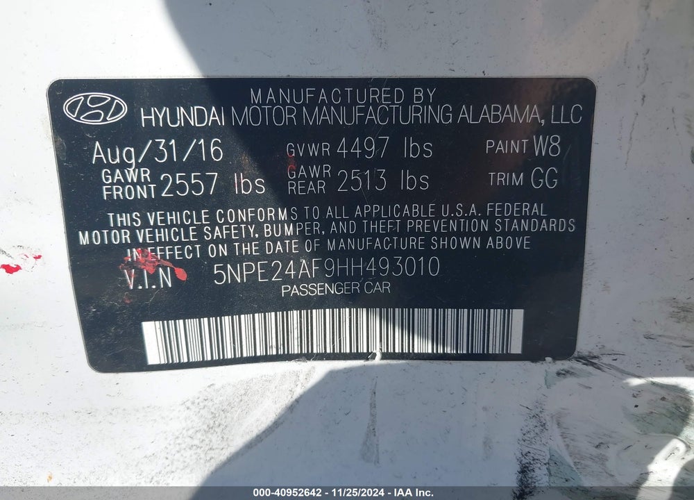 2017 HYUNDAI SONATA VIN: 5NPE24AF9HH493010