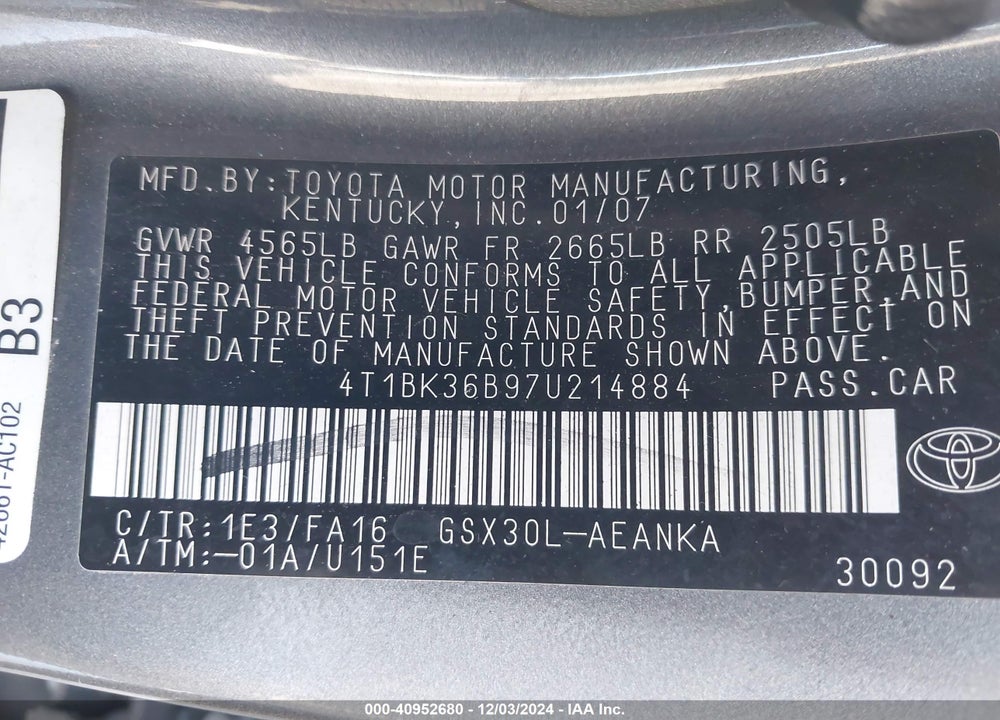 2007 TOYOTA AVALON XL VIN: 4T1BK36B97U214884