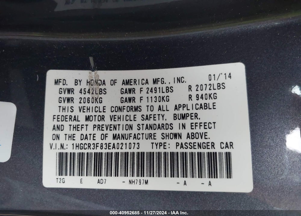 2014 HONDA ACCORD EX-L V-6 VIN: 1HGCR3F83EA021073