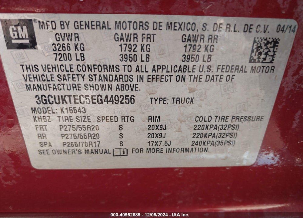 2014 CHEVROLET SILVERADO 1500 VIN: 3GCUKTEC5EG449256