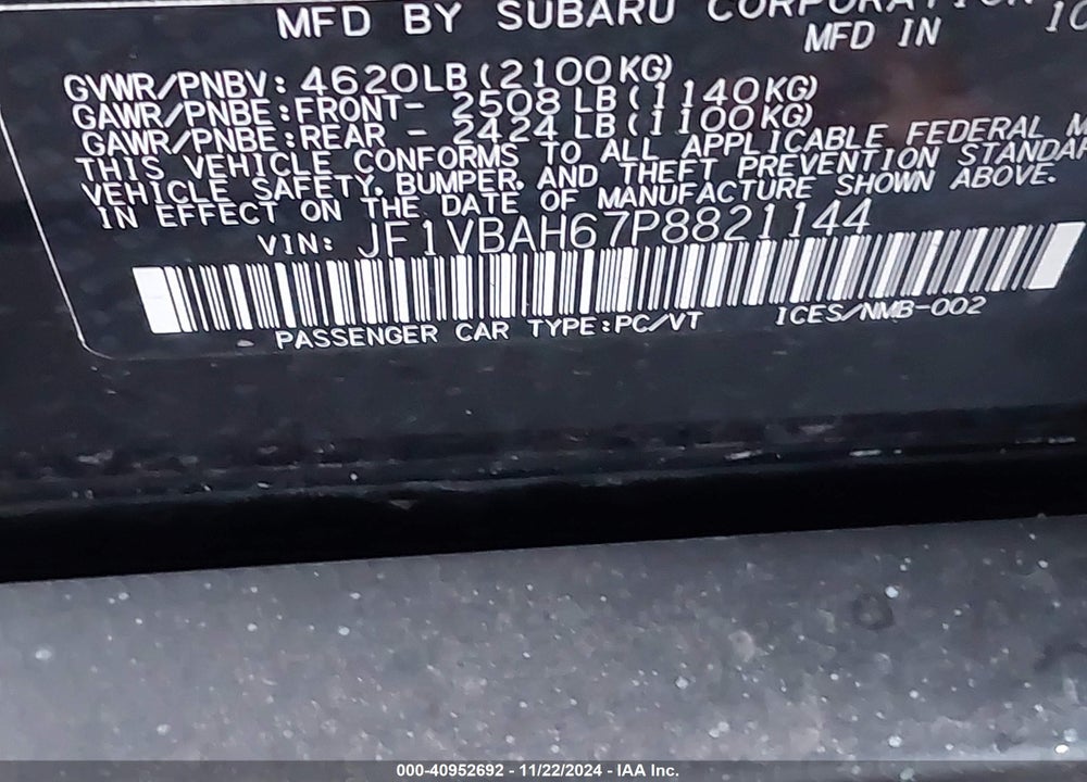 2023 SUBARU WRX PREMIUM VIN: JF1VBAH67P8821144