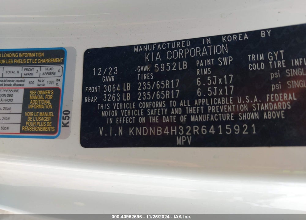 2024 KIA CARNIVAL MPV LX SEAT PACKAGE VIN: KNDNB4H32R6415921