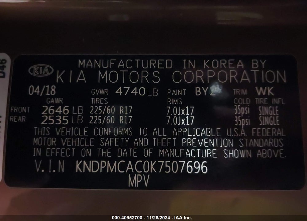 2019 KIA SPORTAGE LX VIN: KNDPMCAC0K7507696