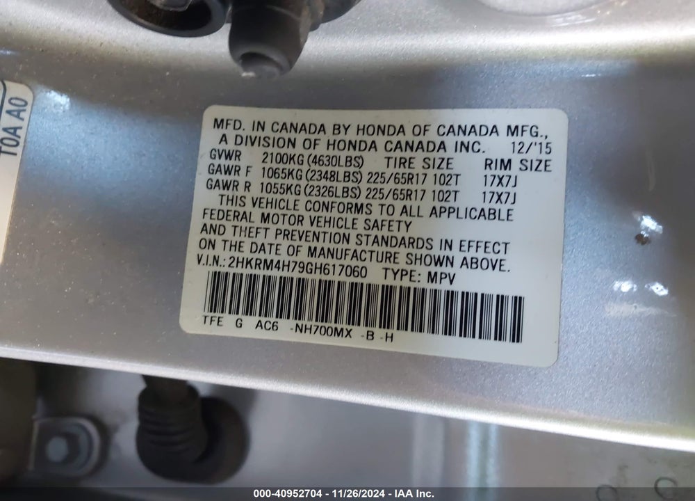 2016 HONDA CR-V EX-L VIN: 2HKRM4H79GH617060