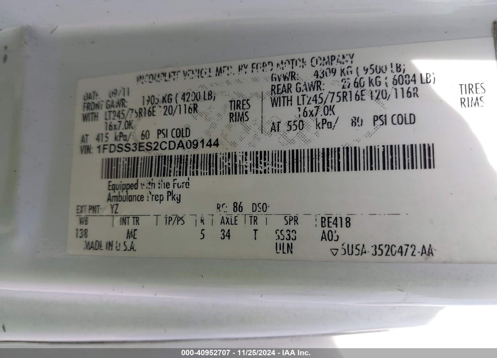 2012 FORD E-350 SUPER DUTY COMMERCIAL VIN: 1FDSS3ES2CDA09144