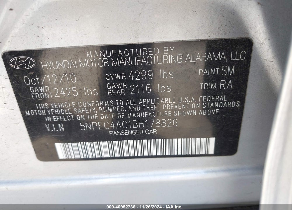 2011 HYUNDAI SONATA VIN: 5NPEC4AC1BH178826