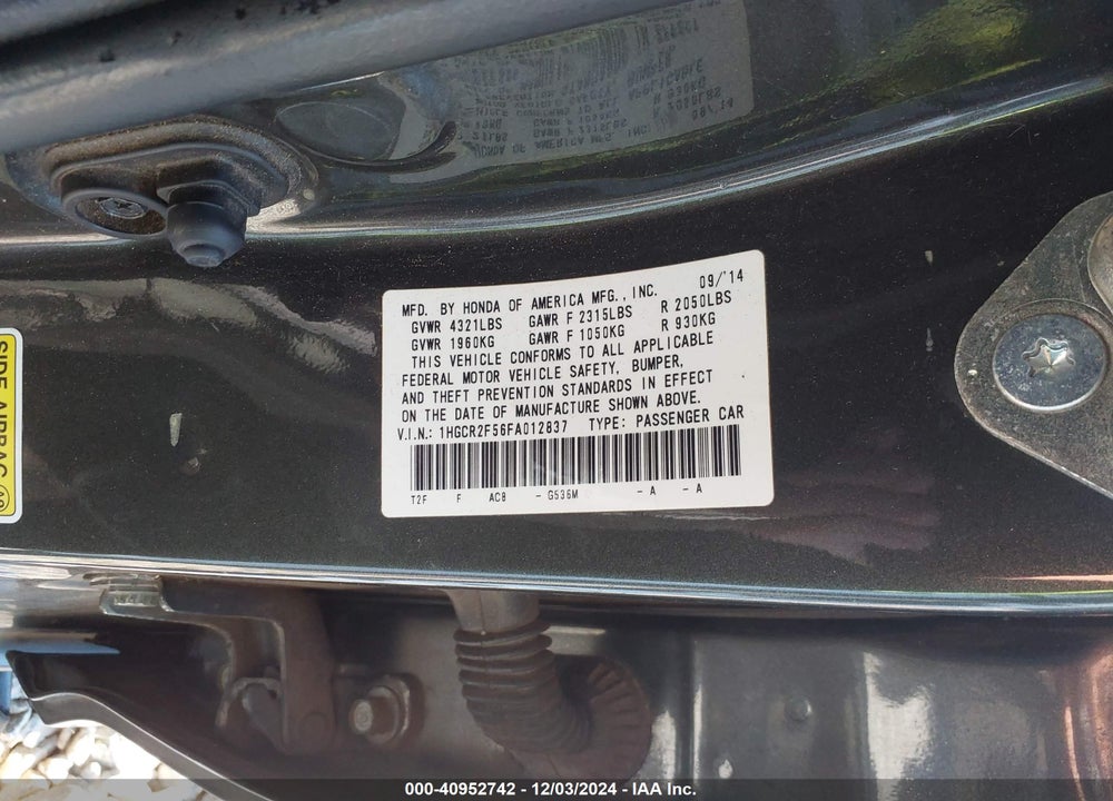 2015 HONDA ACCORD VIN: 1HGCR2F56FA012837