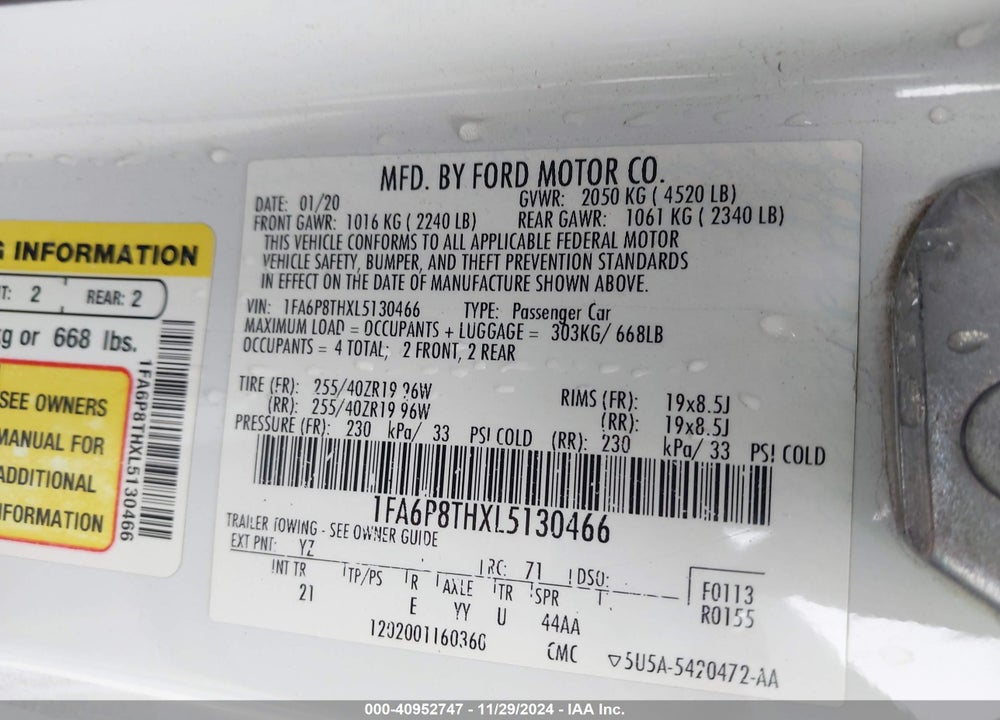 2020 FORD MUSTANG VIN: 1FA6P8THXL5130466