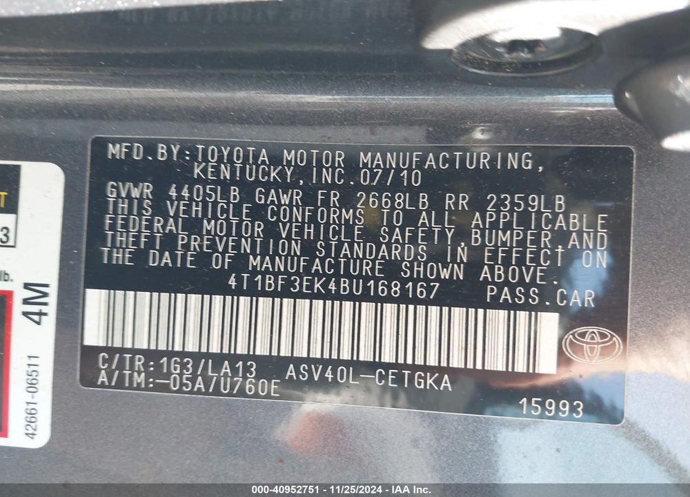 2011 TOYOTA CAMRY XLE VIN: 4T1BF3EK4BU168167
