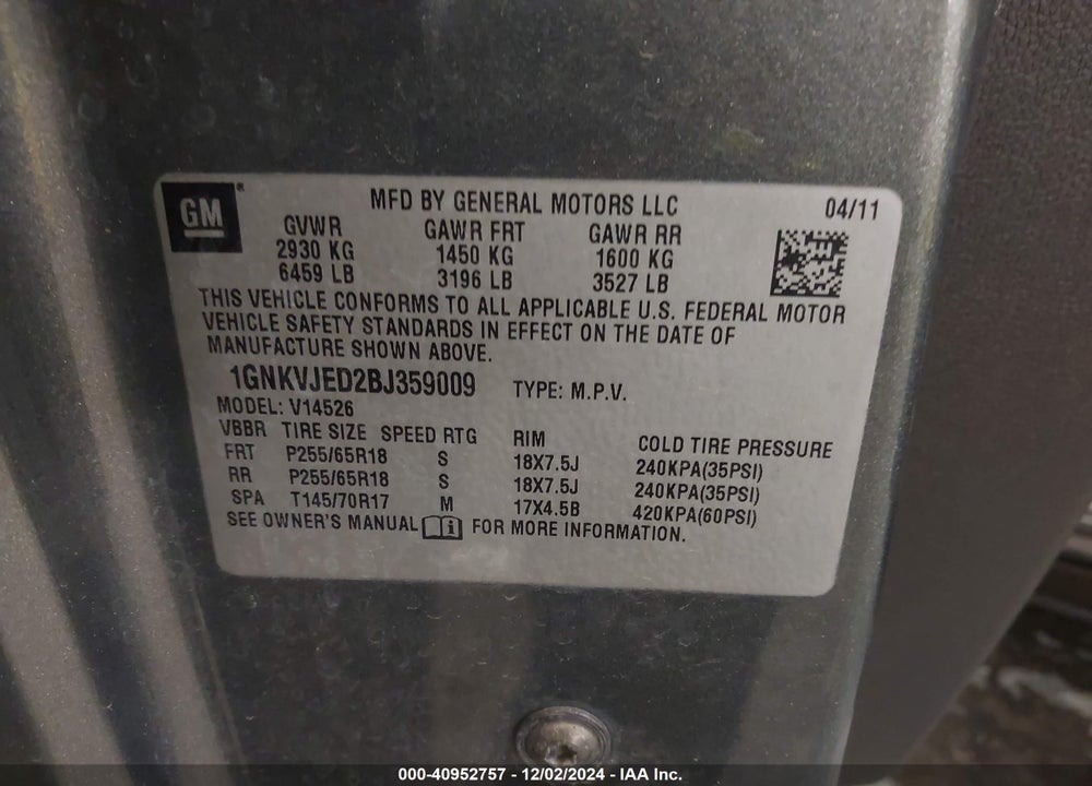 2011 CHEVROLET TRAVERSE 2LT VIN: 1GNKVJED2BJ359009