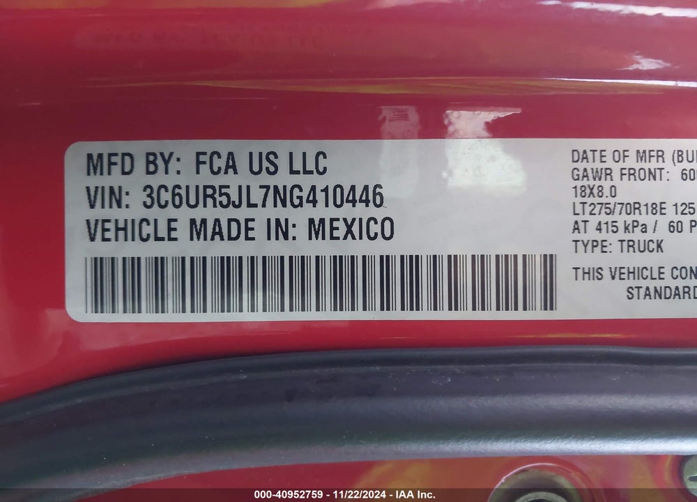 2022 RAM 2500 BIG HORN 4X4 8' BOX VIN: 3C6UR5JL7NG410446