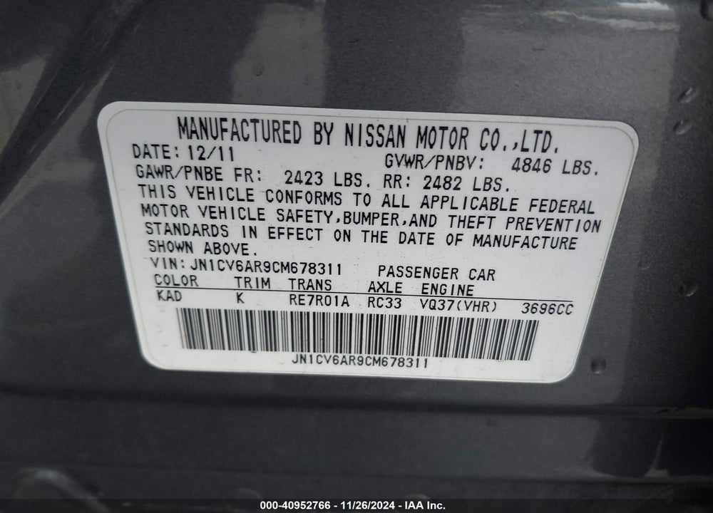 2012 INFINITI G37X VIN: JN1CV6AR9CM678311
