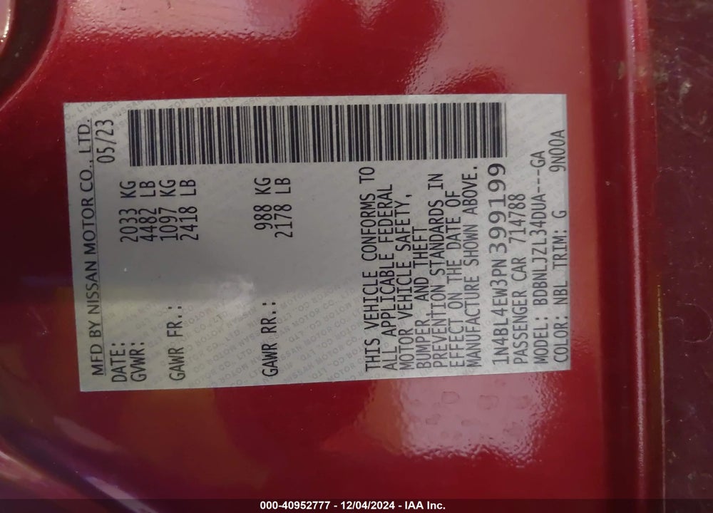 2023 NISSAN ALTIMA SL INTELLIGENT AWD VIN: 1N4BL4EW3PN399199