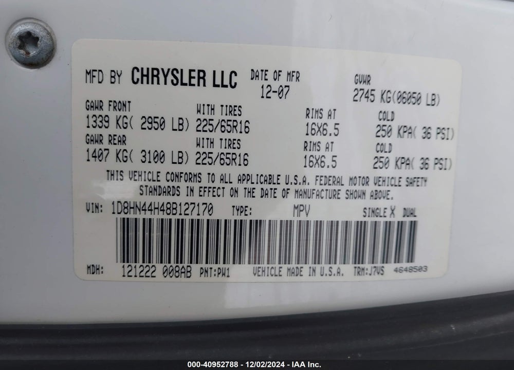 2008 DODGE GRAND CARAVAN SE VIN: 1D8HN44H48B127170