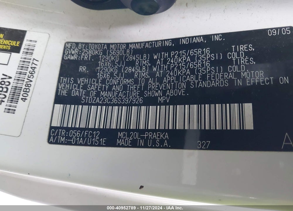 2006 TOYOTA SIENNA LE VIN: 5TDZA23C36S397926