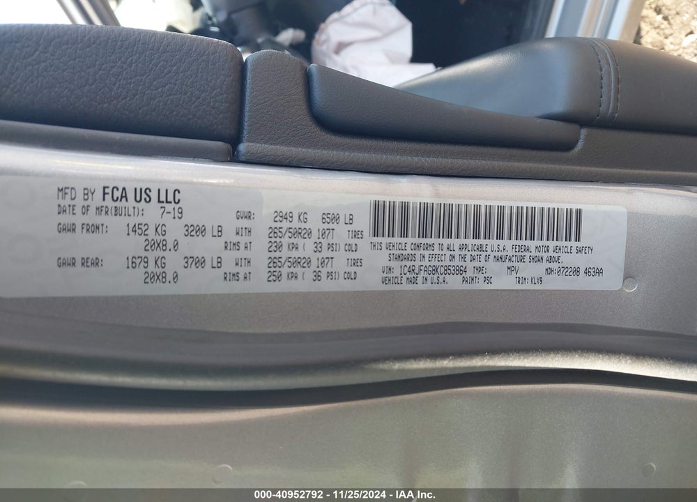2019 JEEP GRAND CHEROKEE ALTITUDE 4X4 VIN: 1C4RJFAG8KC853864