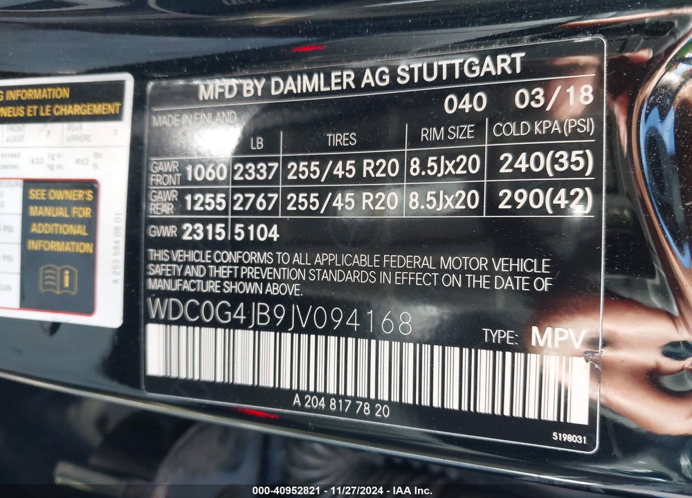 2018 MERCEDES-BENZ GLC 300 VIN: WDC0G4JB9JV094168
